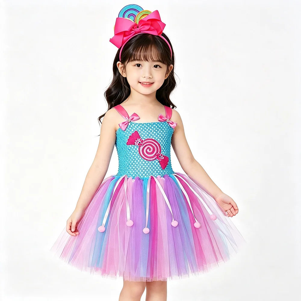 Sweet Candy Lollipop Tutu Dress for Girls Candy Kingdom Birthday Costume Kids Toddler Lolly Theme Dress Up Outfit with Headband