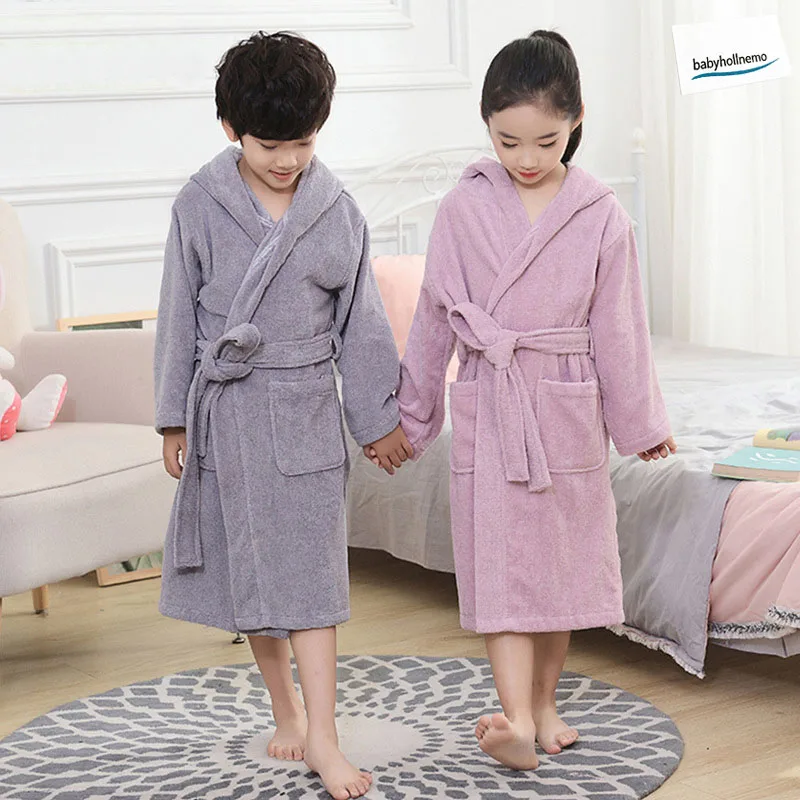 100% Cotton Kids Hooded Bathrobe Thick Soft Belted Towel Robe For Boys Girls 2-12Y Home Shower Nightwear
