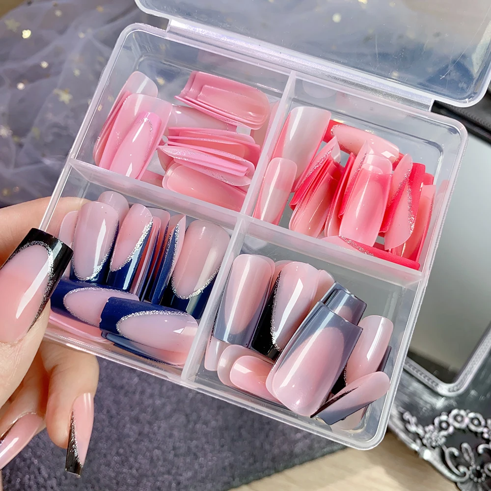 96Pcs 4Colors Glitter French Press-On Nail Full Cover Long Ballet False Nails Tips Reusable Fake Fingertips for Women Girl Daily