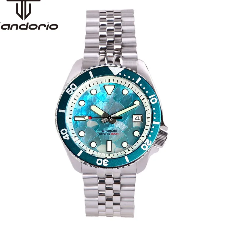 Tandorio nh35a 41mm 200m tauchen männer automatische uhr blau perlmutt zifferblatt datum saphir rotierende lünette leuchtende schrauben krone