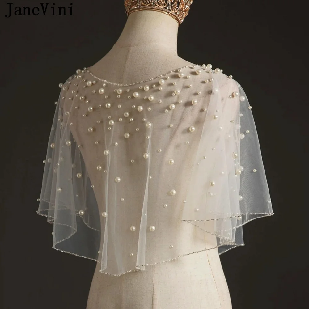 

JaneVini Women Tulle Bolero Luxury Pearls Bridal Wraps Shawl Beaded Bride Cape Cloak Top Wedding Accessories Veste Bolero Femme