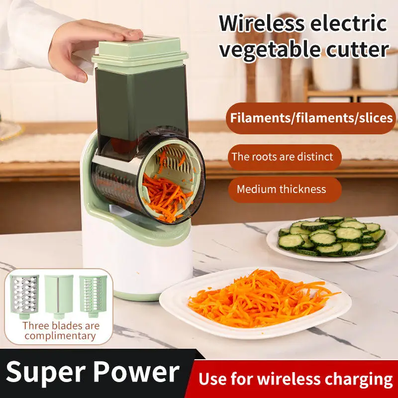 Electric Vegetable Slicer USB Rechargeable, Multi-Function Food Processor with 3 Interchangeable Blades for Shredding, Slicing