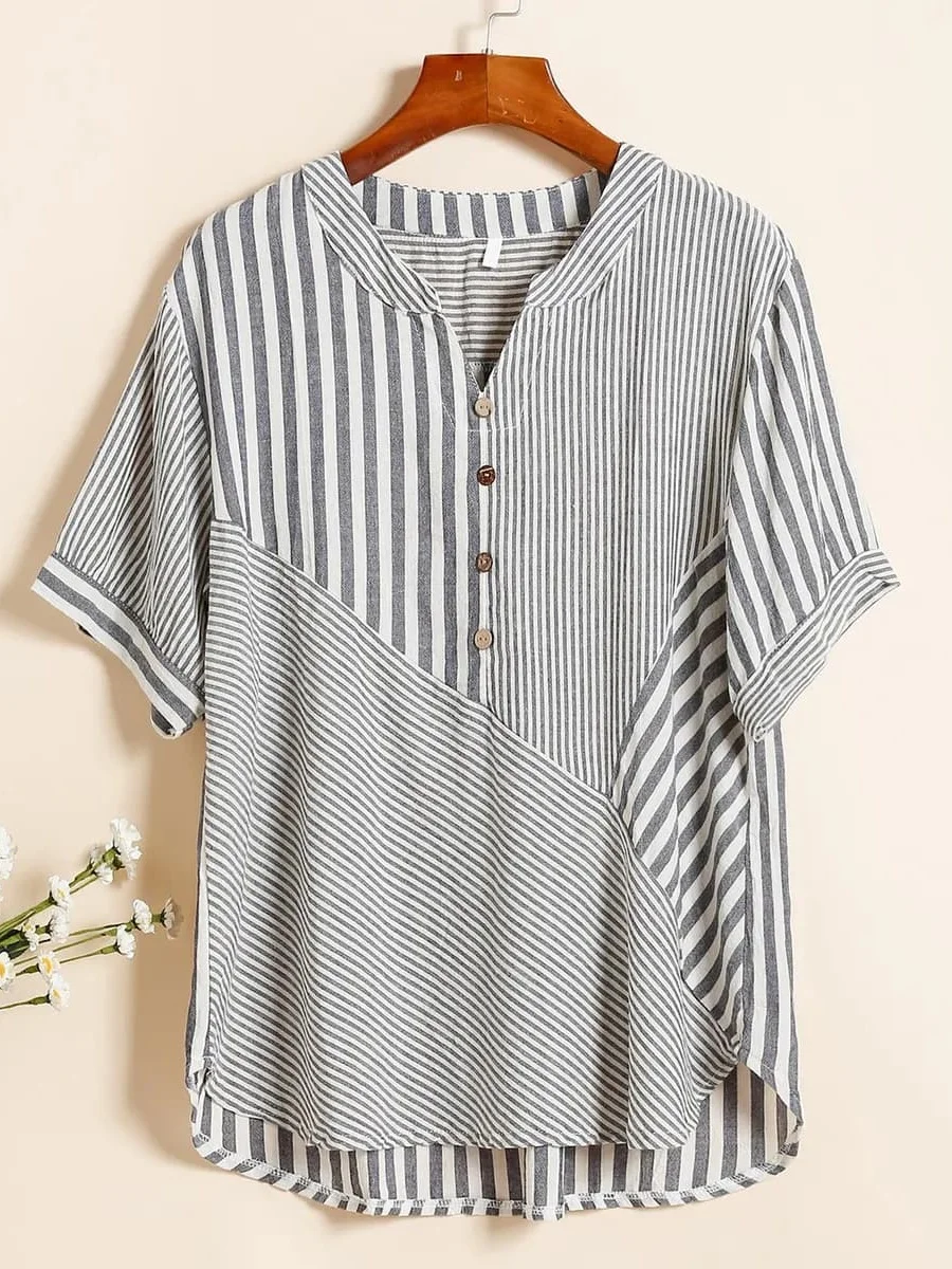 

Женский топ больших размеров V-Ne ort Sve irt, лето 2022, модный универсальный топ в асимметричную полоску, свободный крой в Корейском стиле