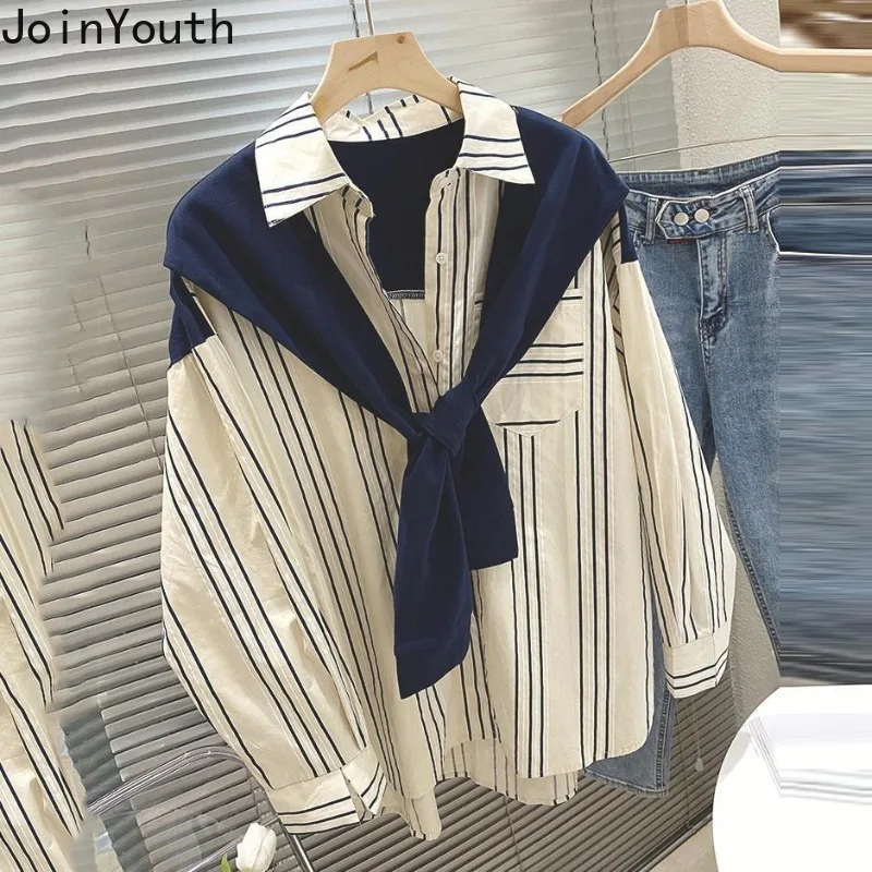 Striped Shirts Fashion Long Sleeve Korean Blouses for Women 2024 Camisas De Mujer Fake Two Casual Blouse Vintage Oversized Tops