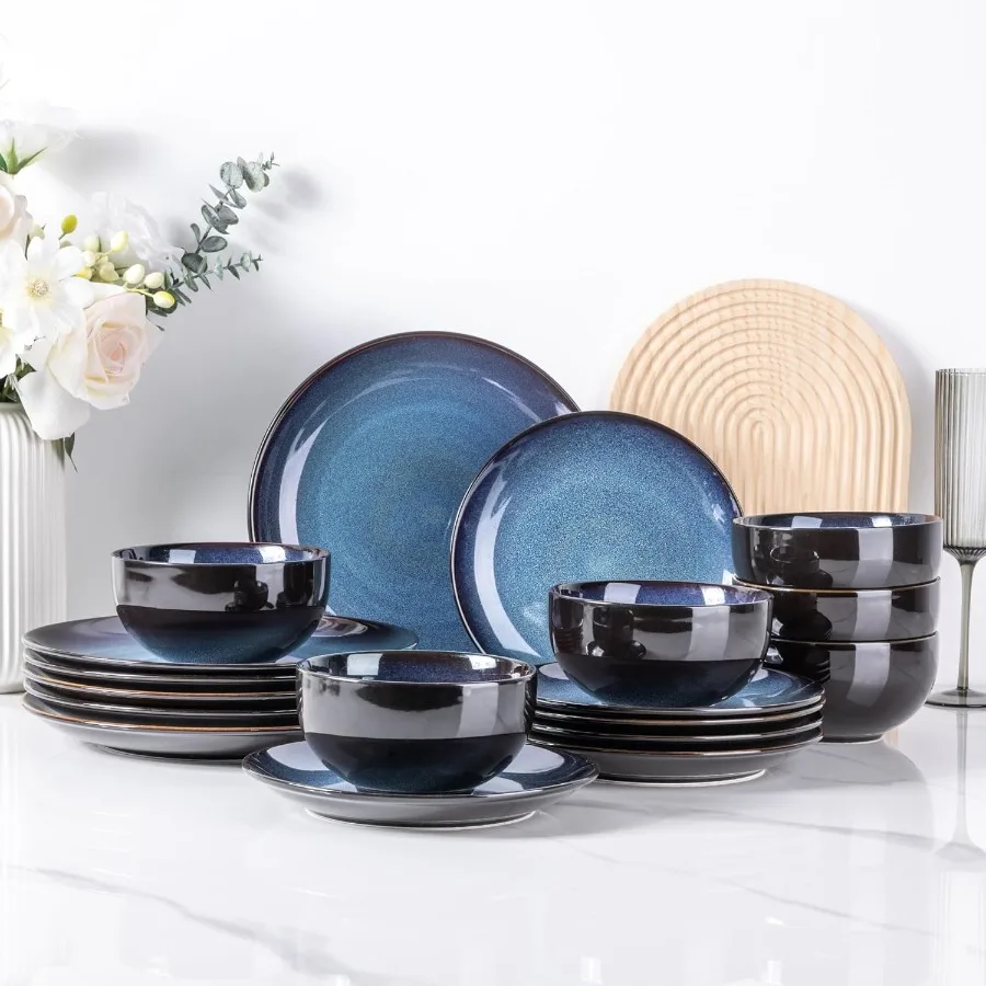 Handmade Ceramic Dinnerware Sets for 6 Including Plates and Bowls with Reactive Glaze Chip Resistant and Scratch Resistant Dish