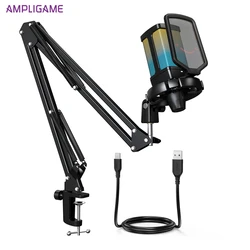 AmpliGame Gaming USB Microphone Set with Quick Mute,RGB Condenser Mic Kit with Vol Gain,Noise Reduction for Streaming,PC,PS5-Q6T