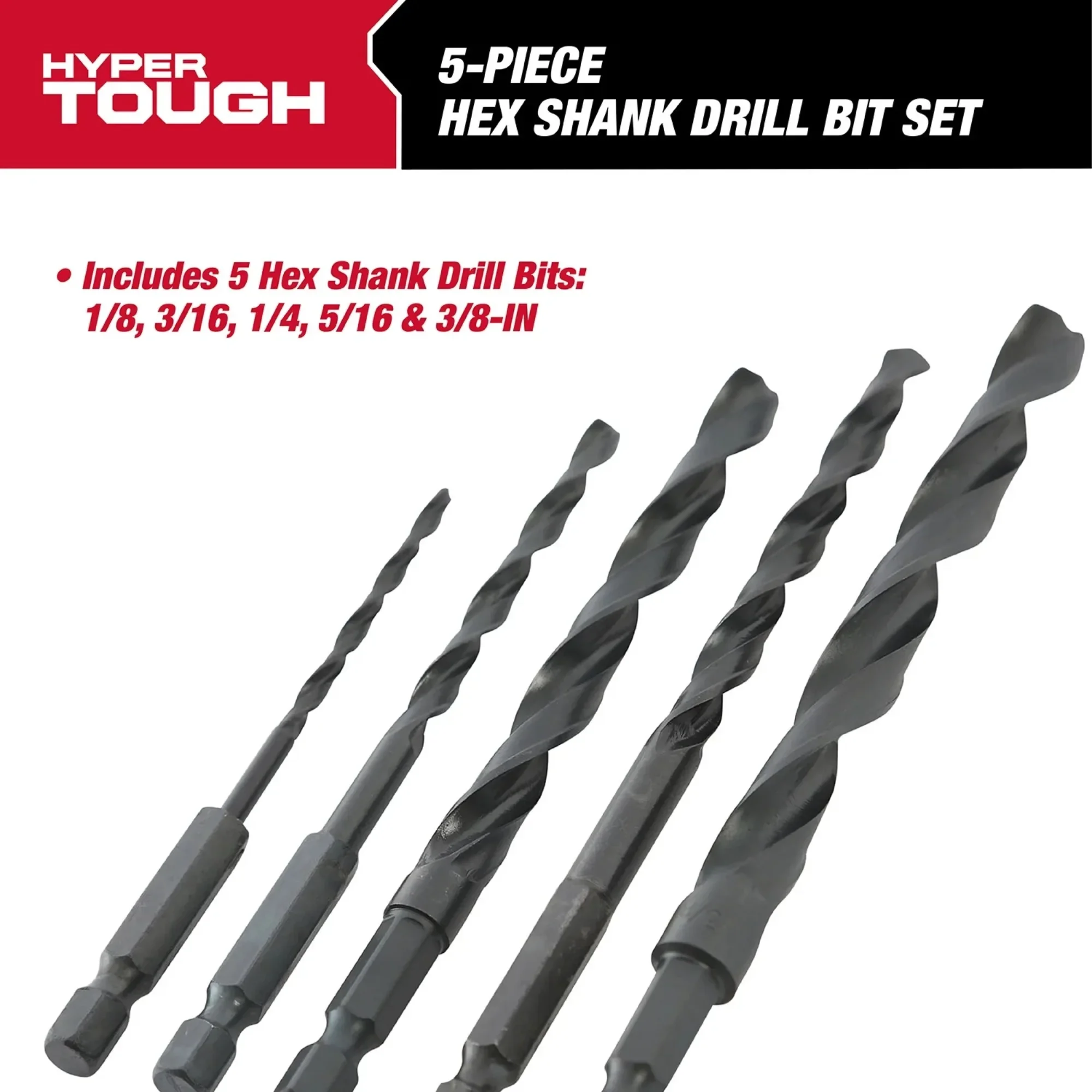 5 ピース 1/4 インチ六角シャンク ドリル ビット セット、ハイパー タフ