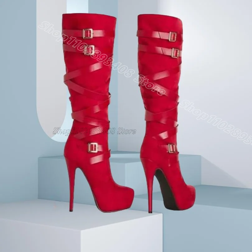 

Red Flock Platform Knee Boots Round Toe Elegant Buckle Side Zipper Fashion Fall Women Party Dress Knee Boots Zapatos Para Mujere