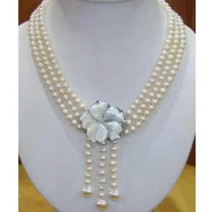 

Wonderful!7-8MM 3Rows Natural White Cultured Pearl Shell Clasp Necklace