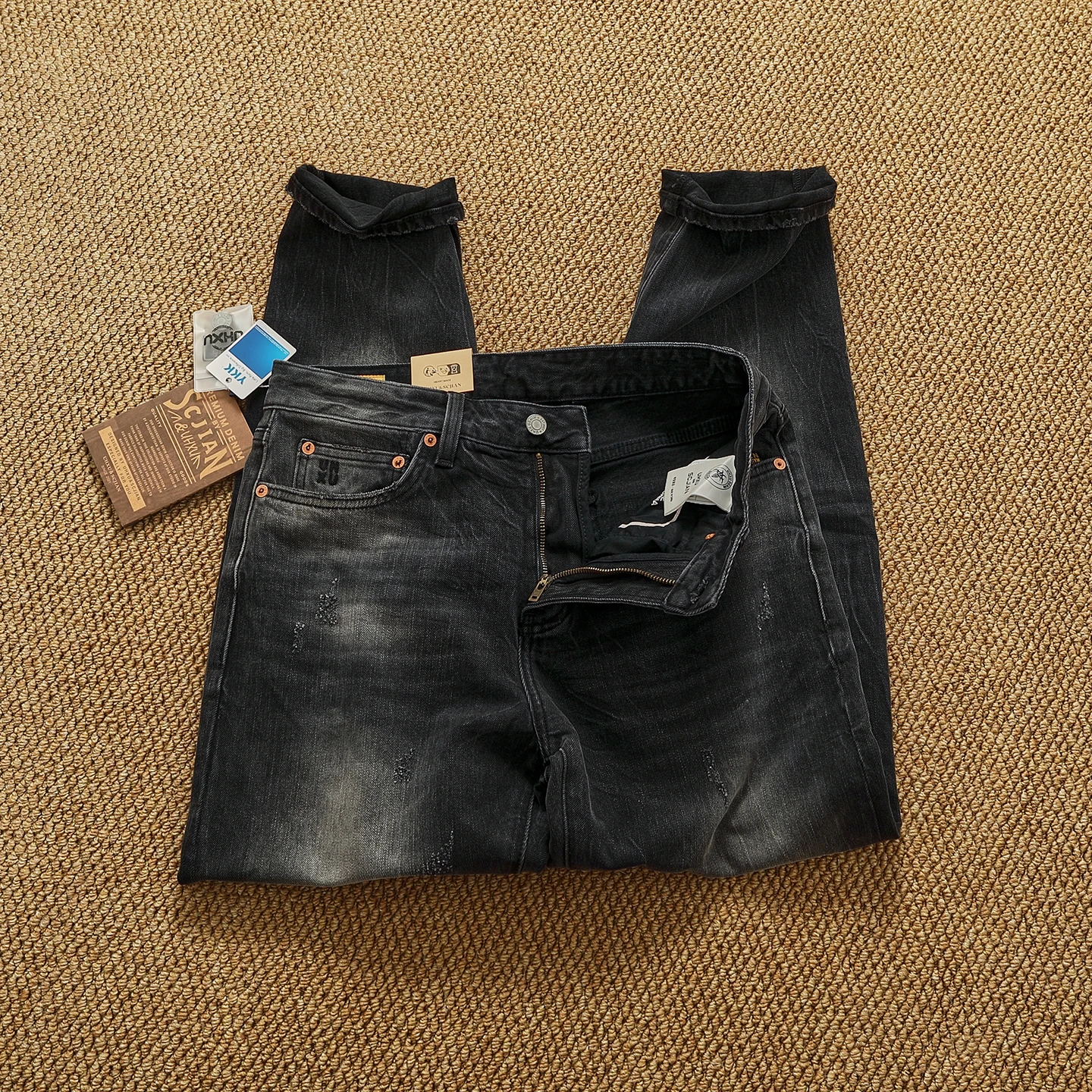 بنطال جينز أمريكي عتيق غير رسمي من الفحم المتقدم مغسول ثقيل الوزن للرجال بنطال مستقيم مستدق طفيف