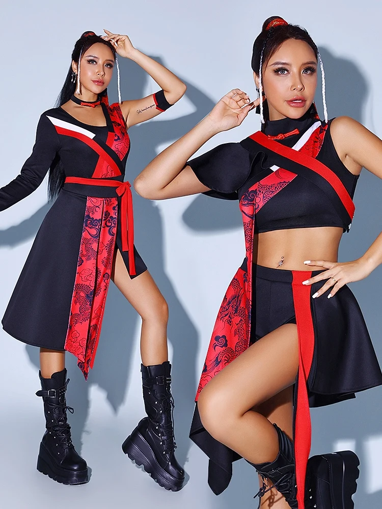 Chinese Style Jazz Dance Performance Costumes For Women Red Black Outfits Girls Group Hip Hop Dance Stage Rave Clothes DQS15234