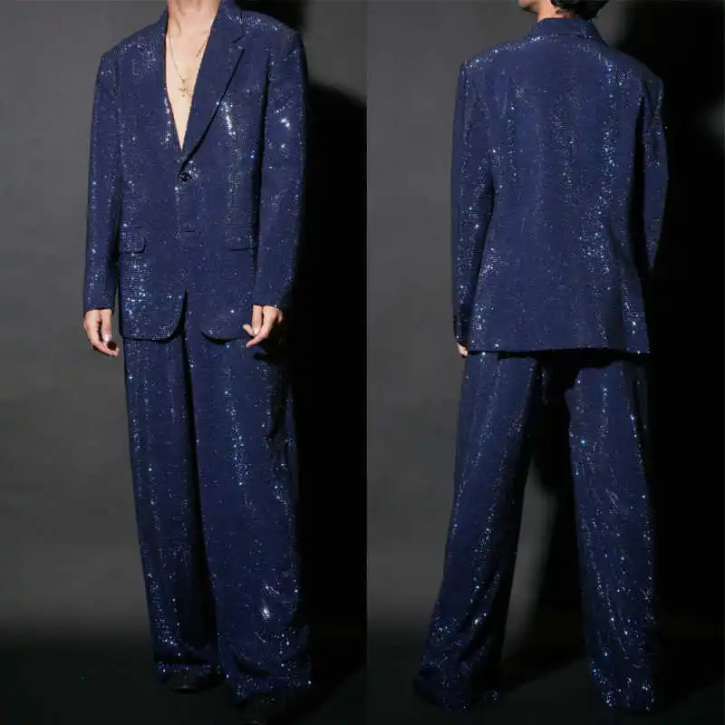 

Fashion Men Suits 2 Pieces Jacket Pants Shining Sequin Prom Party Dinner Special Occasion Customized Ropa Hombre