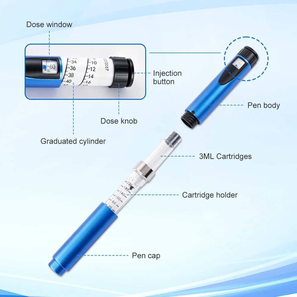 1-60U Insulin Injection Pen, Reusable Peptide Pen Injector, Adjustable Dose Dial, Injection Pens Compatible with 3ml Cartridges