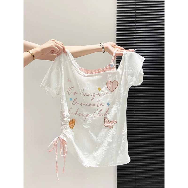 Fake Two-piece Sloping Neck Off-shoulder short-sleeved T-shirt Women's Summer New Style Drawstring Slim-fitting Top