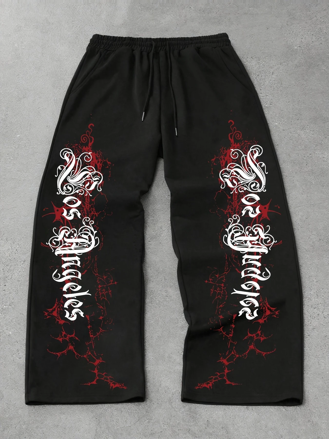 Men's casual athletic trousers, sweatpants featuring a Gothic-style thorn-and-letter print, drawstring wide-leg casual pants