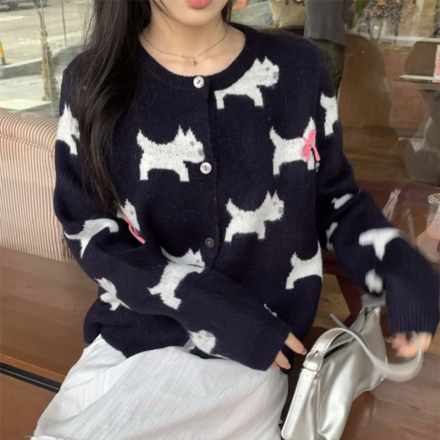 

Ladies' Knitted Cardigan Bow With Dogs Jacquard Sweater
