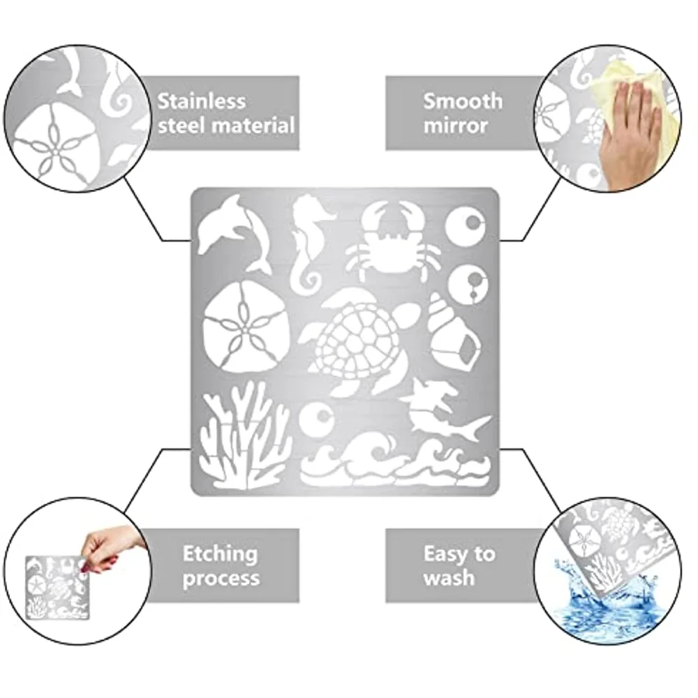해양 생물 금속 스텐실 돌고래 나무 굽기 스텐실 재사용 가능한 바다 동물 저널 스텐실 거북이 템플릿 스테인레스 스틸