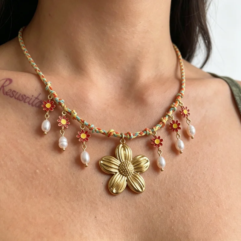 

Ladies Luxury Stainless Steel Colorful Rope Chain Flower Necklace French Elegant Pearl Tassel Choker Summer Accessory