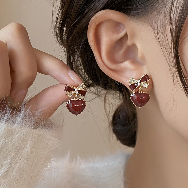 Fashion Style Temperament Wine Red Bow Knot Peach Heart Clip on Earrings No Piercing Exquisite Zircon Pearl Ear Clips Earrings