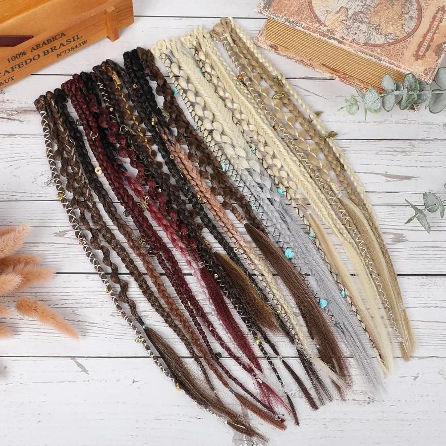 Clip in Braid Hair Extensions for Women 16 Boho Dreadlock Clip in Braids with Beads Charms 2PCS Handmade Synthetic Braided Hair
