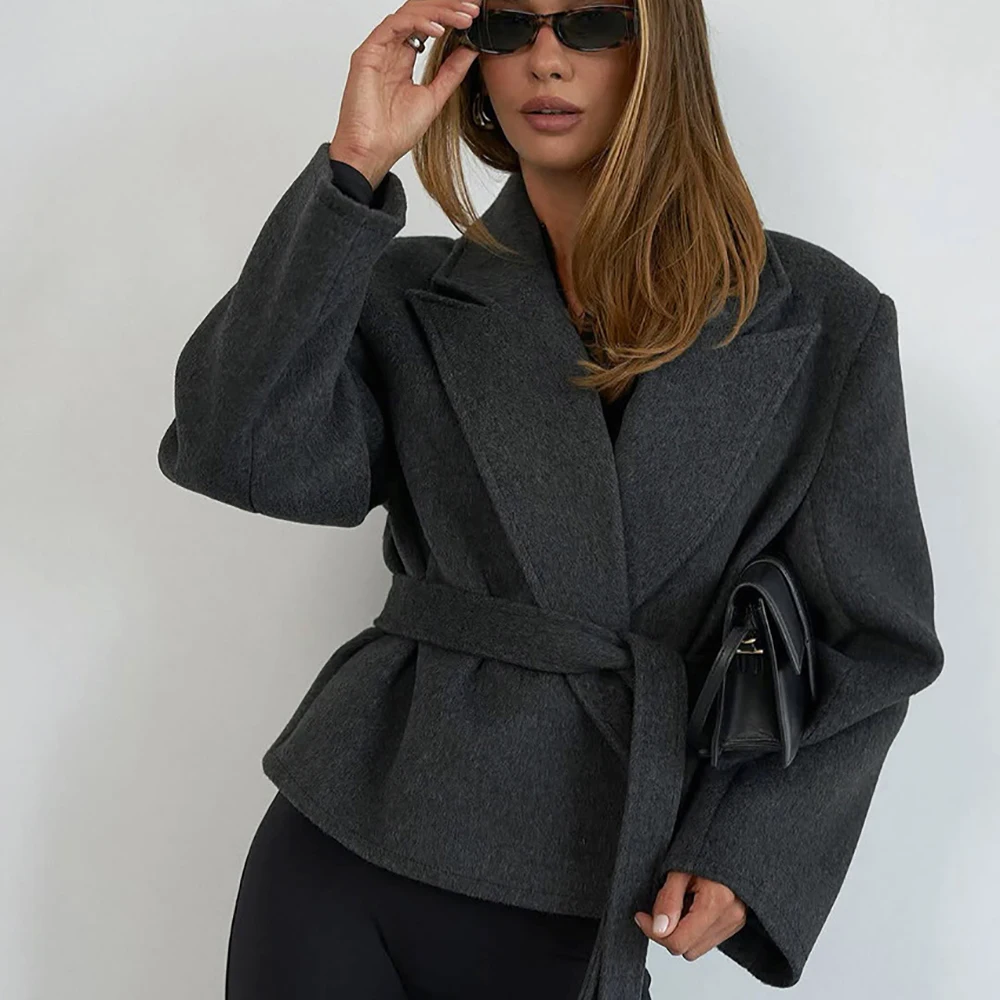 

Women Elegant Temperament Short Blazer Coat Gray Cardigan Lace-up Belt Long Sleeve Winter Fashion Jacket Female High Street Coat