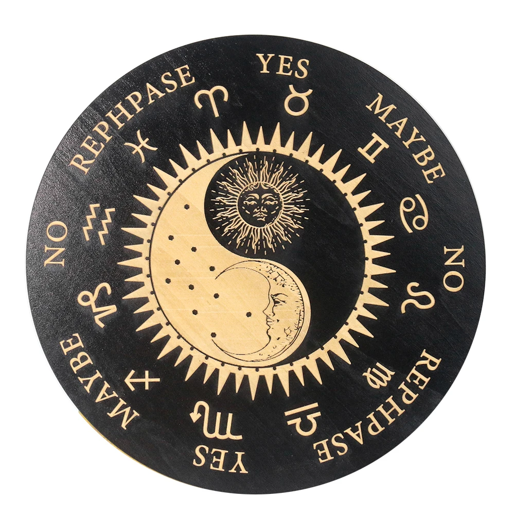 

20cm Wooden Round Spirit Pendulum Decor Display Black Board Taoism Yin Yang Tai Chi Sun Moon 12 Zodiac Signs Jewelry Accessories