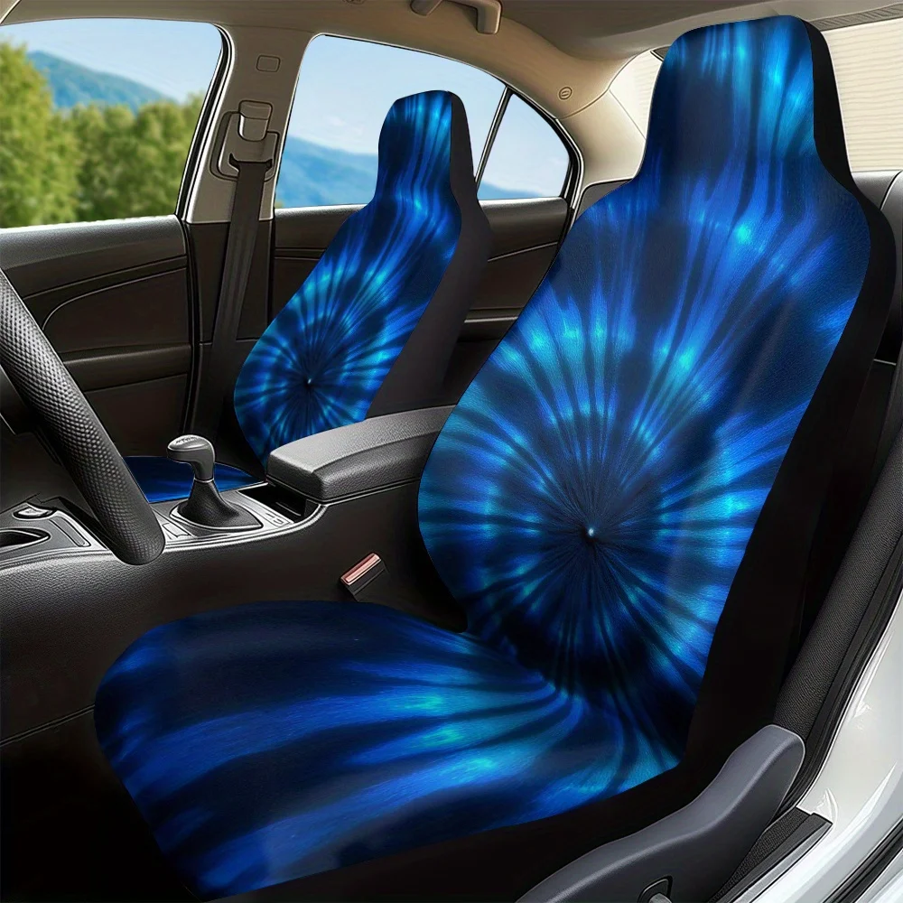 2pcs Blue Tie-Dye Spiral Print Car Seat Covers - Durable, Easy To Install, Universal Fit For Front Seats, Machine Washable, Poly