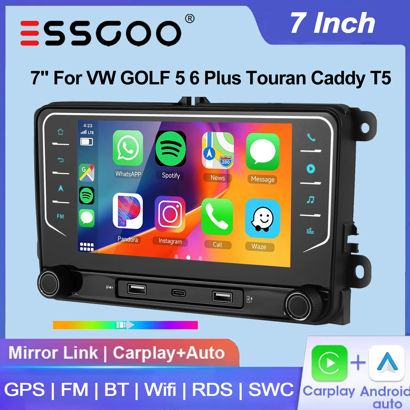 ESSGOO 7" Android 15 4+64G Für VW Touran Polo Caddy EOS Tiguan 6R Passat Jetta Golf Rabbit T5 Sharan Autoradio Wireless Carplay Android Auto GPS-Navigation FM BT WiFi RDS SWC Mirror Link