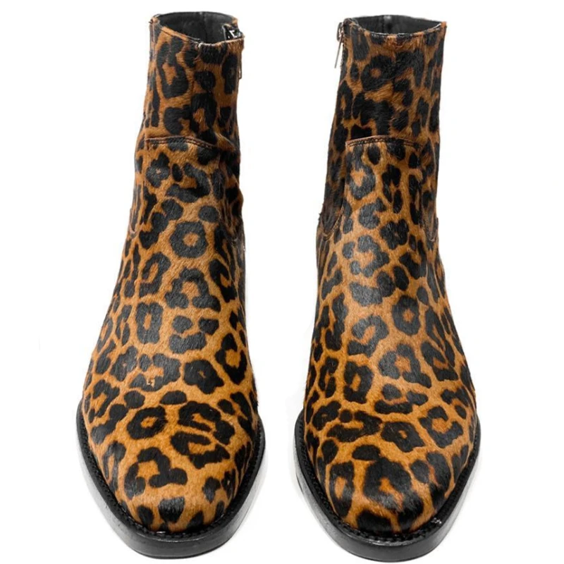 Leopard Print Genuine Leather Men\'s Ankle Boots with Zipper Business Men Boots Zapatos Para Moto Hombre