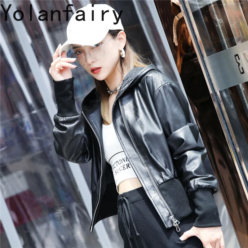 YOLANFAIRY Women Cropped Short Genuine Sheepskin Jacket 2026 Autumn Winter Hooded Long Sleeve Korean Real Leather Baseball Coats