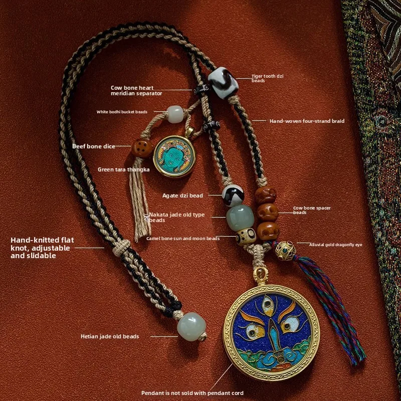 Tibetan Style Thangka Hand Woven Lucky Pendant Rope Dzi Bead Buddha Amulet Necklace Cord Cotton Braided Hanging Chain Fortune