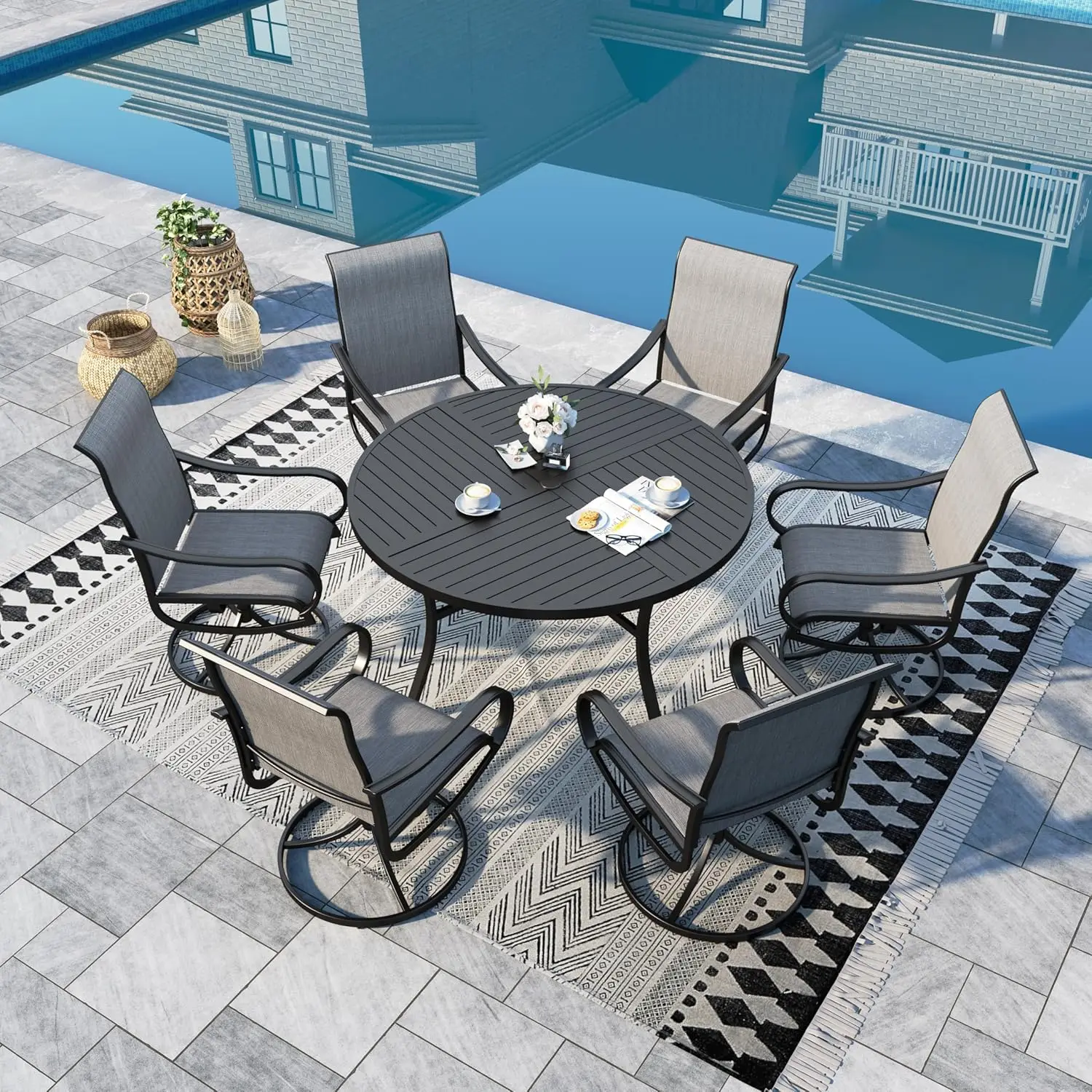 6 Round Patio Table and Chairs Set 7 Pieces Patio Set with Swivel Patio Chairs 54