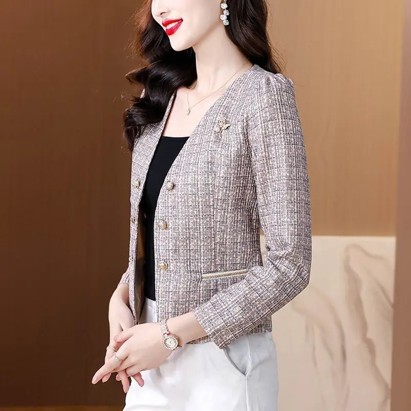 Autumn and winter Korean version of small suit coarse woolen short coat small fragrant style gold silk grid foreign style