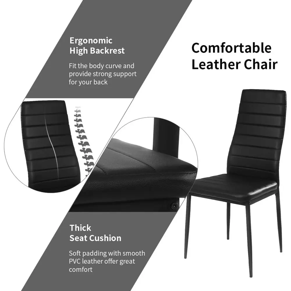 Moderne eetset met glazen blad voor 4 personen, compacte rechthoekige metalen tafel met leren stoelen voor kleine appartementen