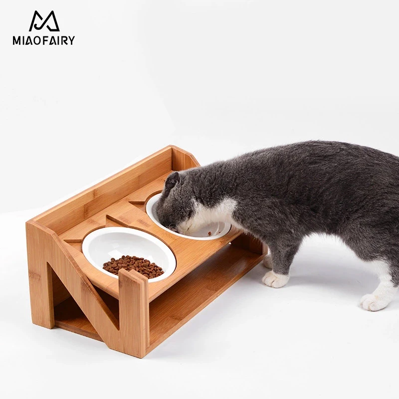 

Cat bowl ceramic dog bowl Wooden Adjustable PetBowl CatDining Table Cat Supplies Elevated cat bowl for cervical spine protection