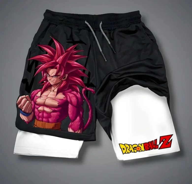 2026 Sommer Dragon Ball Goku Super Saiyajin 4 Schwarz 2-in-1 Shorts Atmungsaktive Schnelltrocknende Unterhose für Herren Anime Gym Performance Shorts