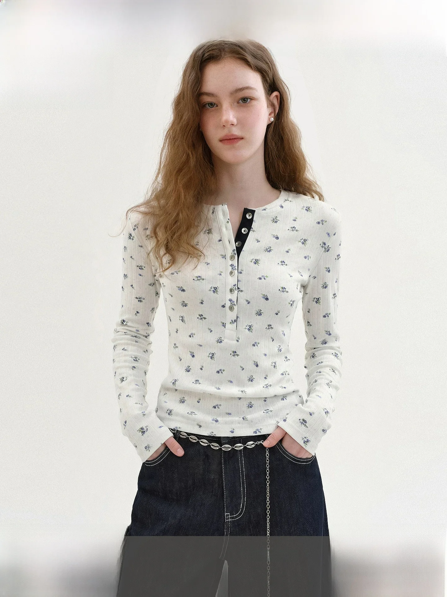 

Fano 100% Cotton Long Sleeve Floral Print Slim Fit Women's T-Shirt Henry Collar Color Block Design Commute Style Summer New A...