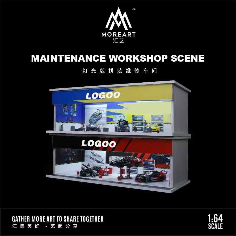 1:64 Scale Diorama Car Garage Model LED Lighting Car Tuning Shop Repair Workshop Backdrop Display Scene Model Collection Gift