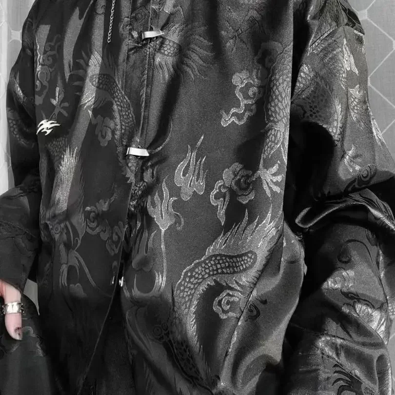 

New Chinese Style Dragon Pattern Jacquard Silk Shirt For Men Casual Metal Buckle Dull Black Aesthetic Neutral Loose-fit Shirt