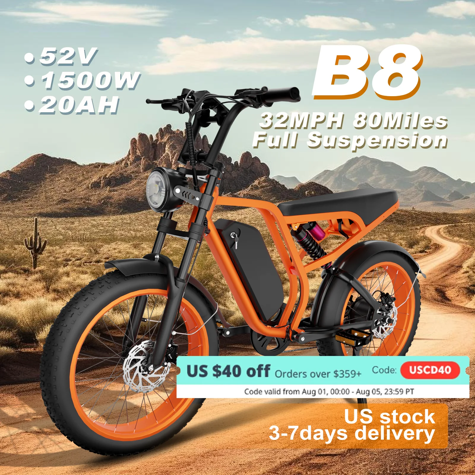 B8 Electric Bike: 52V 1500W Motor, 32MPH Top Speed, 80-Mile Range, Removable Battery