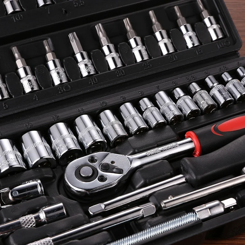 46Pcs Socket Ratchet Car Repair Tool Wrench Set Head Ratchet Pawl Socket Spanner Screwdriver Bike Repair Tool Kit