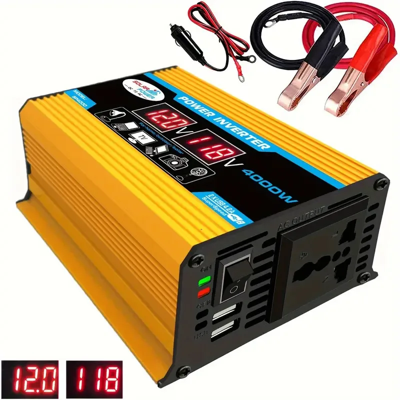 4000W 12V DC to 110V AC Portable Inverter with Input/Output Voltage Display, Fast Charging, Dual USB Ports, Recharg