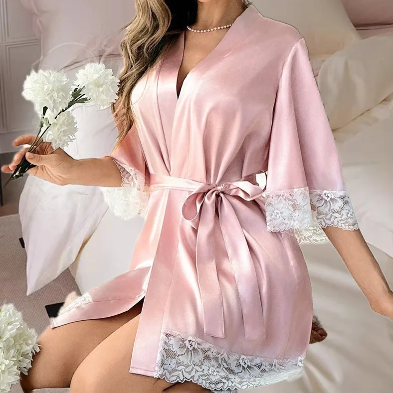 

European and American Bride Bathrobes Bridesmaid Gifts Mid-sleeved Long Lace Pajamas Lace-up Casual Bathrobes For Home Use
