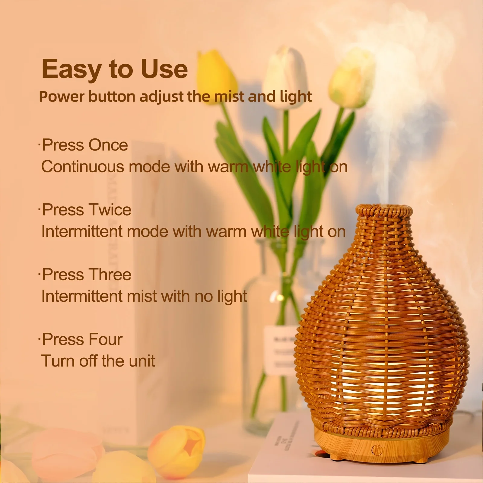 Elegant Portable Rattan  Diffuser - Ultrasonic Cool Mist for Refreshing Aromatherapy & Humidity, USB Powered with Auto Shut-off