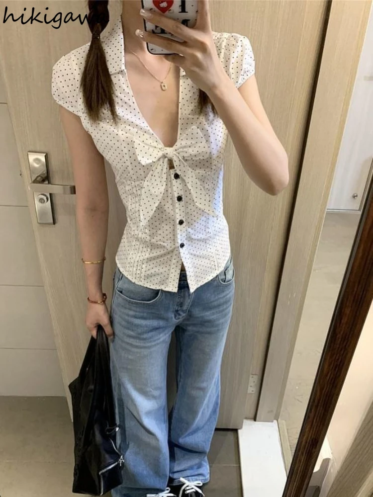 

Polka Dot Tunic Blouse Women's Clothing Deep V-neck Short Sleeve Shirts Camisas De Mujer Temperament Tops Sexy Summer Blouses