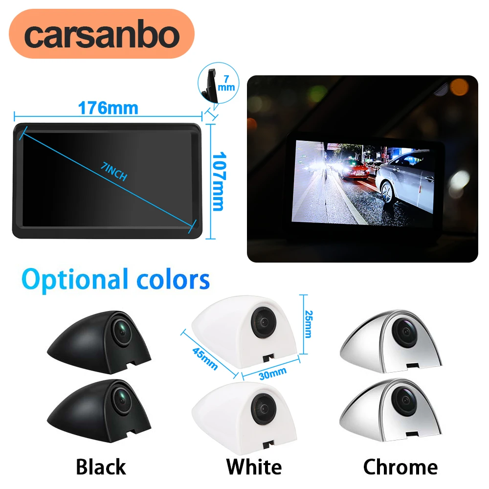 Carsanbo 7-inch Ultra-thin TFT LCD Display Car HD Left Right Side View Camera Night Vision Blind Spot 87 Degree for Sedan Pickup