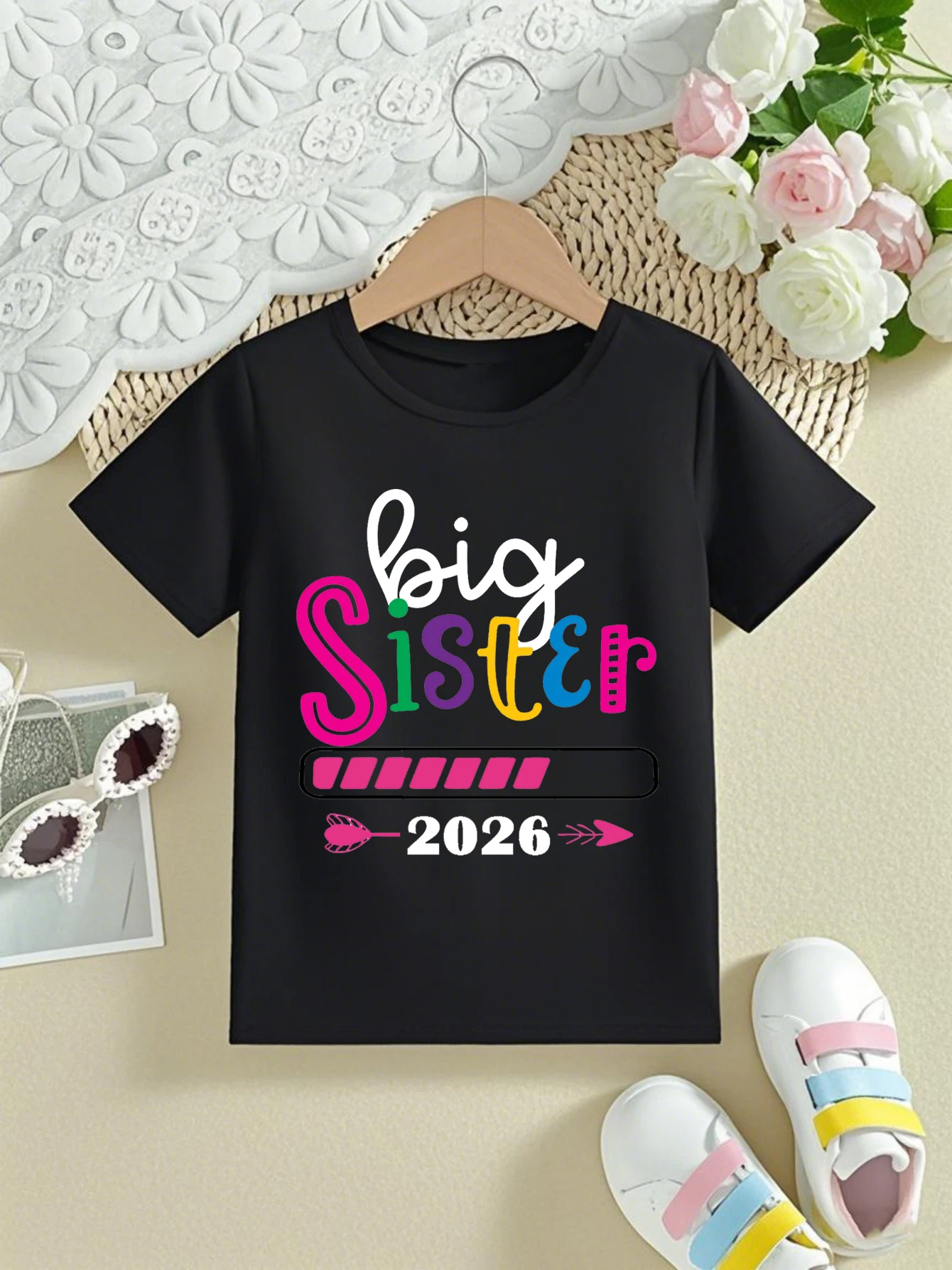 Colorful Big Sister Loading 2026 Printed T Shirt Girls Middler Sister Family Matching Tshirt Pregnancy Announcement Shirt