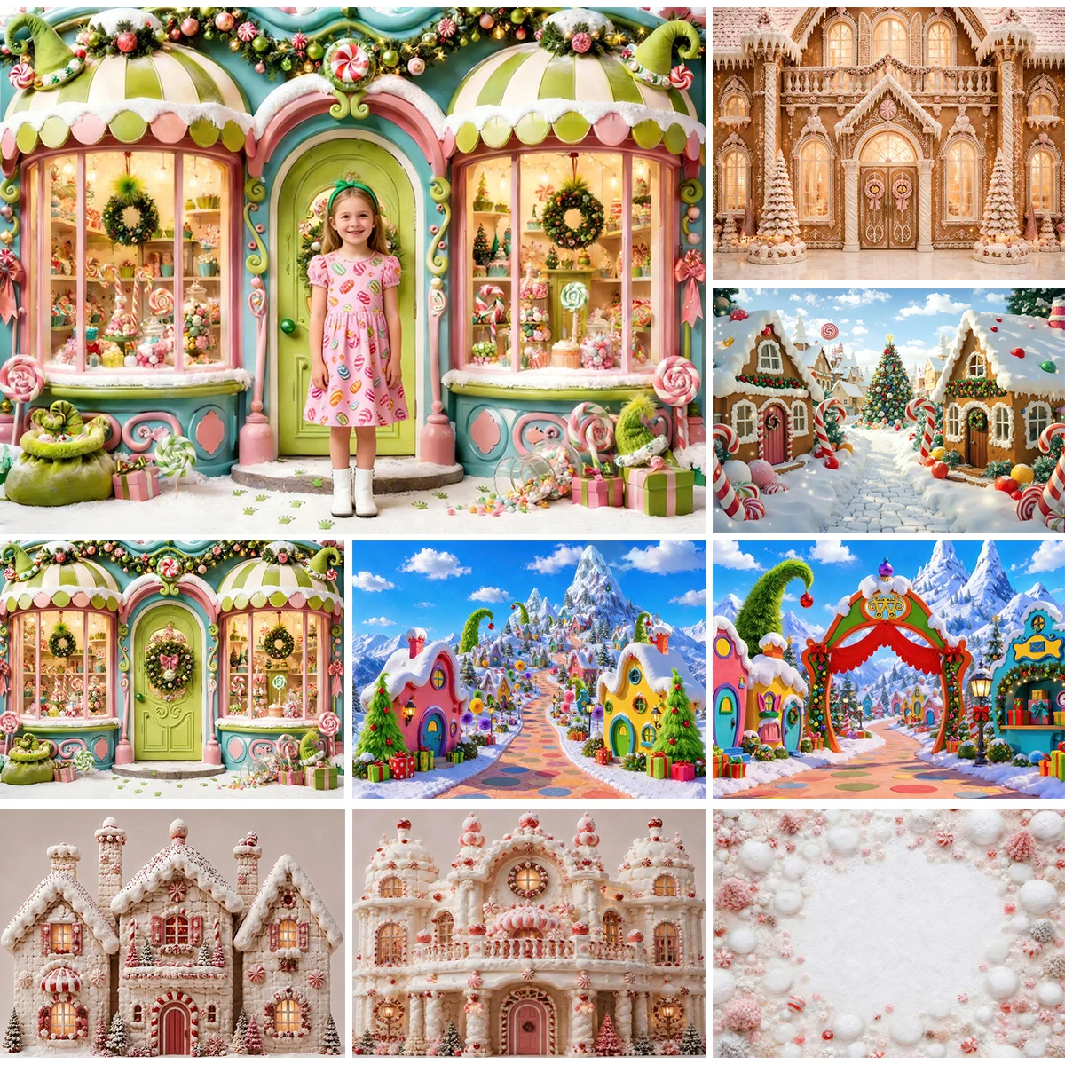 Peppermint Gingerbread Christmas House Photography Backdrop Snowy Xmas Newborn Baby Family Party Portrait Background