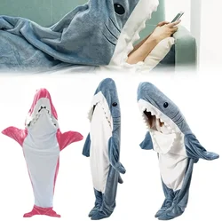 New Cartoon Shark Pajamas Playsuit Kids Parents Hooded Warm Flannel Blanket Pajamas Homesuit Funny Homewear For Slumber Party