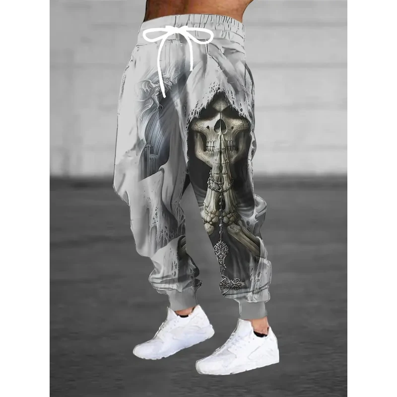 

Men's retro prayer skeleton 3D printed casual pants with drawstring for warmth and tight fitting sports pants